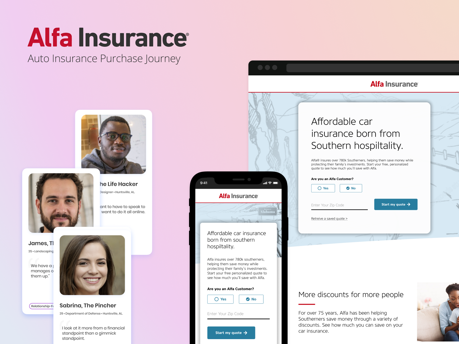A view of screens from the Alfa Insurance design system