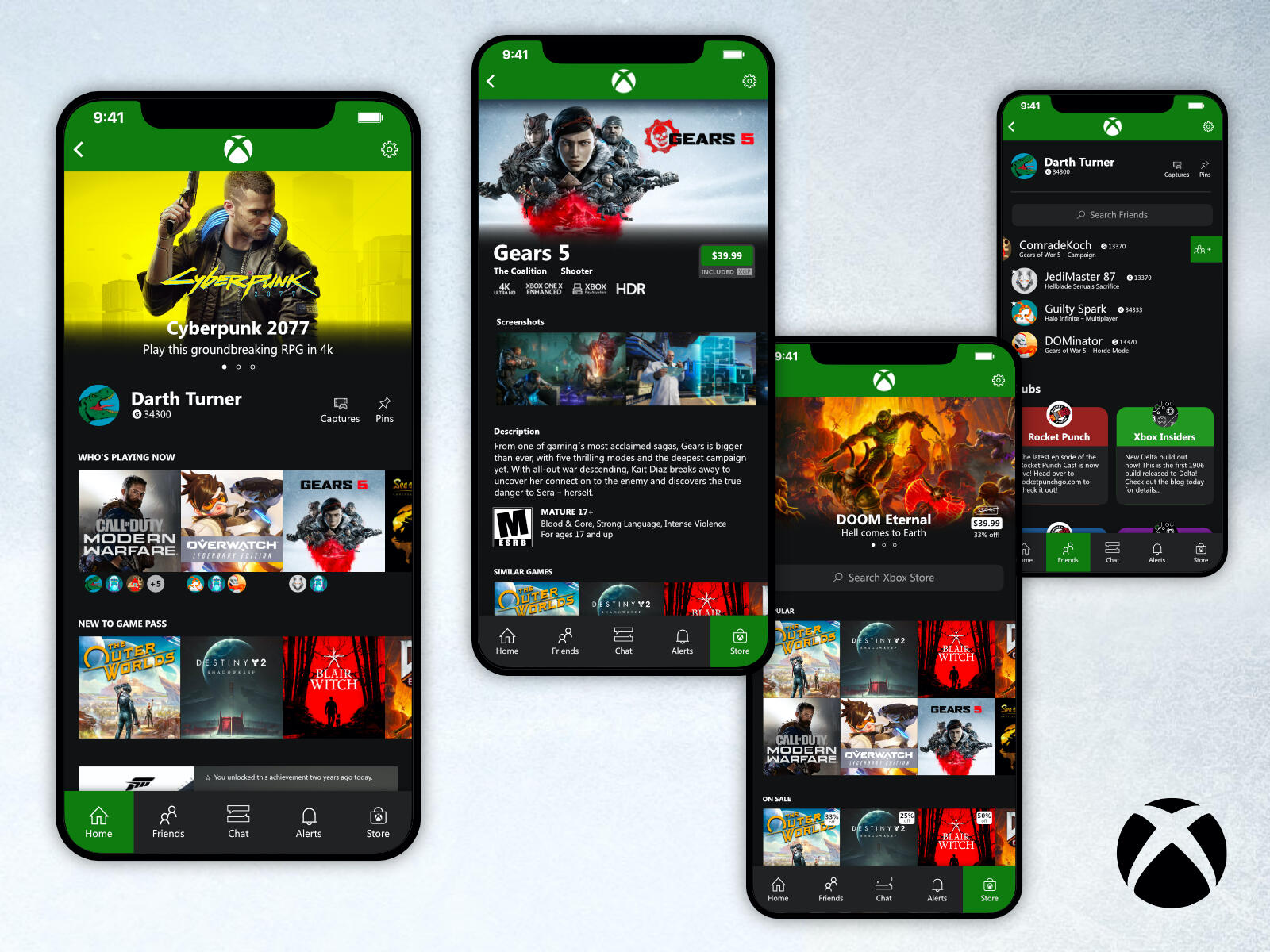Several screens of the revamped Xbox mobile app